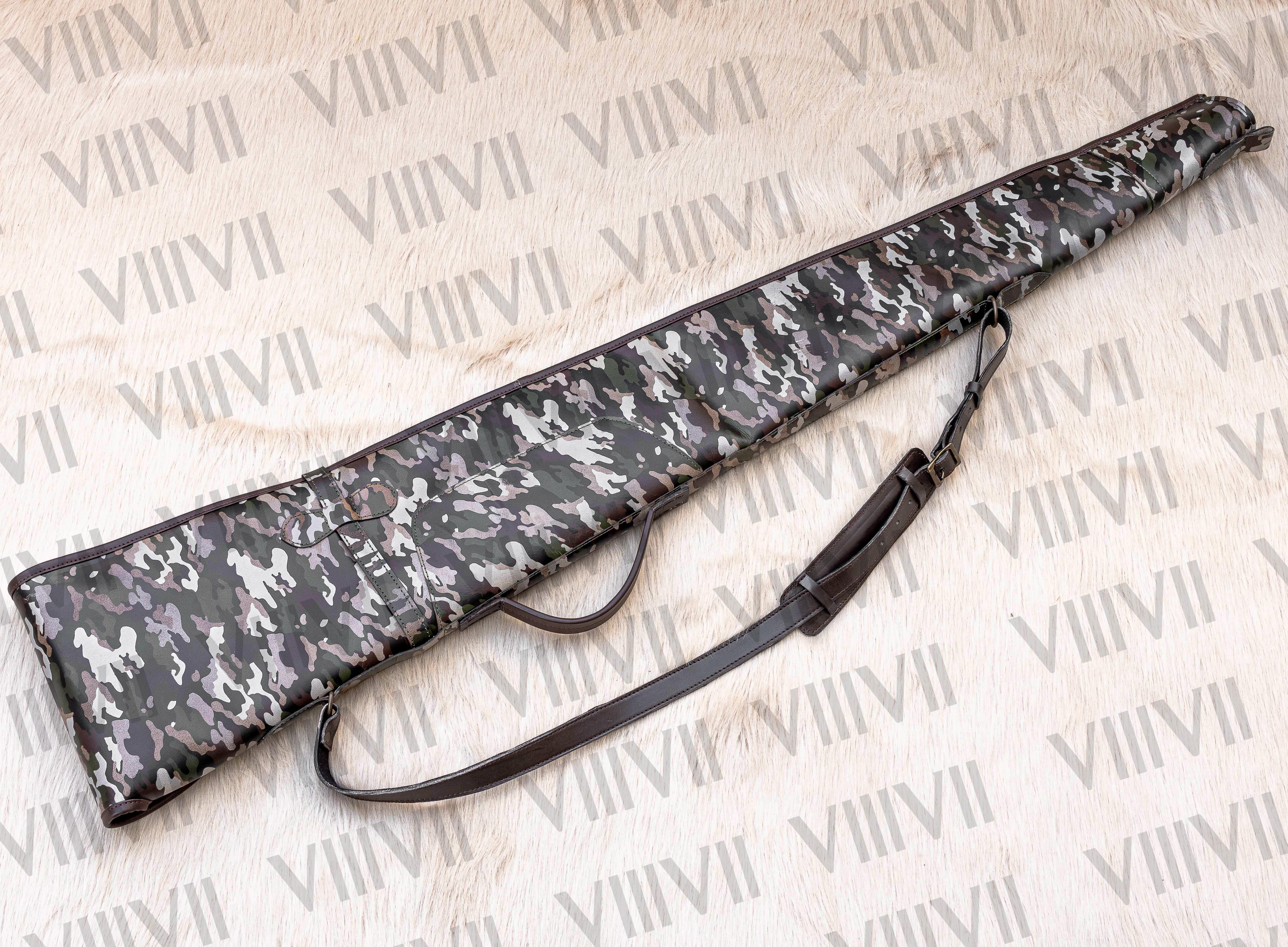 Camouflage Leather Rifle case with shearling fur interior, Premium scabbard