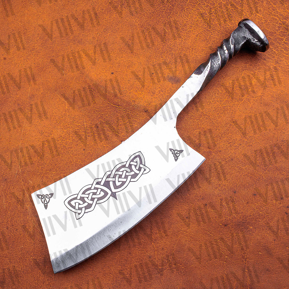 Hand Forged Celtic Cleaver Gift | Railroad Spike Knife with Leather Sheath | Unique Handmade Blade for Him
