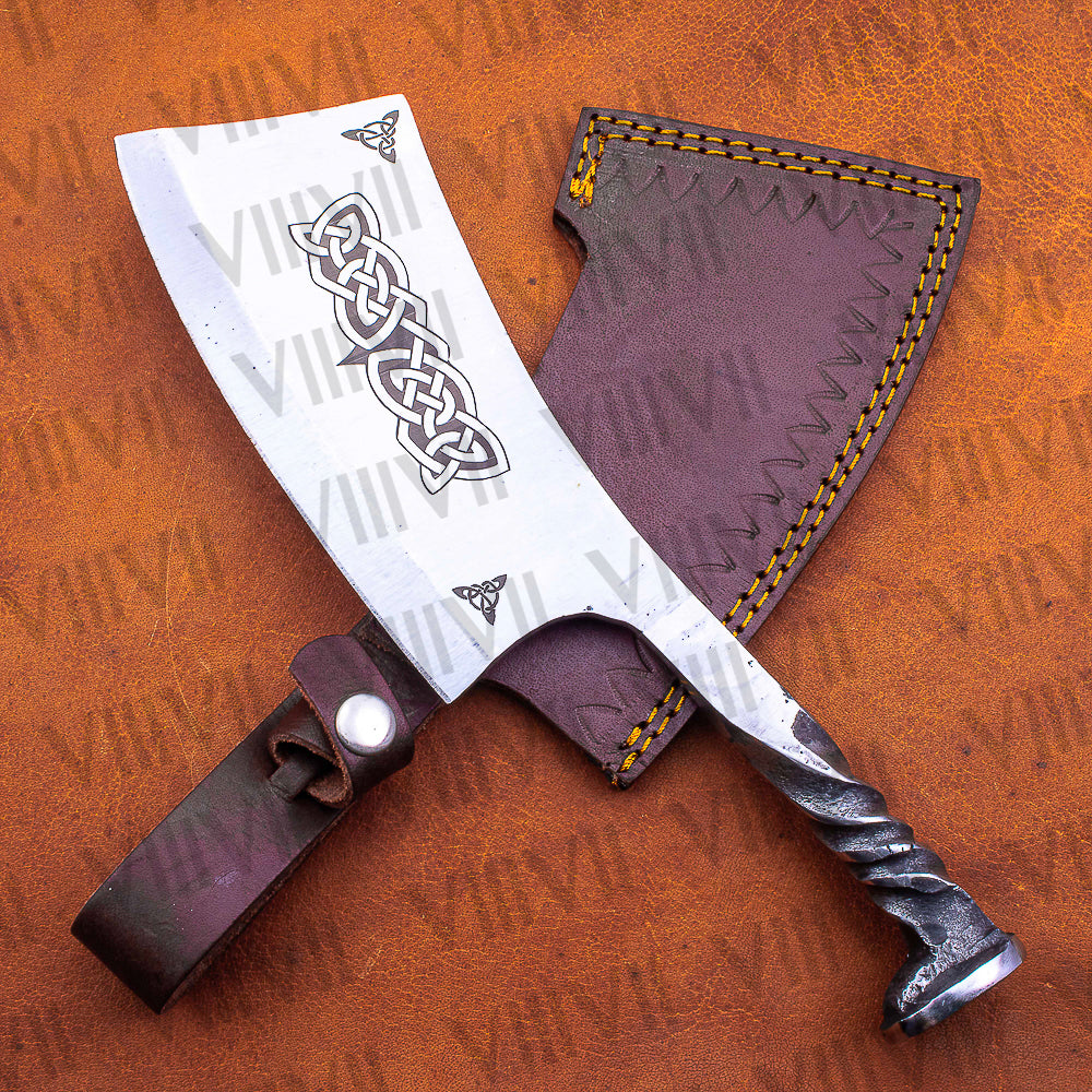 Hand Forged Celtic Cleaver Gift | Railroad Spike Knife with Leather Sheath | Unique Handmade Blade for Him