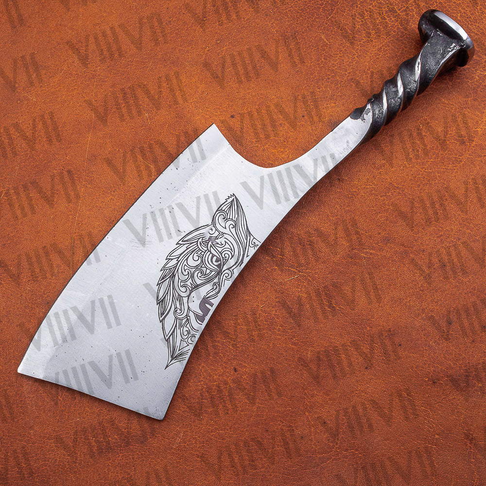 Hand Forged Wolf Engraved Cleaver | Railroad Spike Knife with Leather Sheath | Unique Handmade Gift for Him