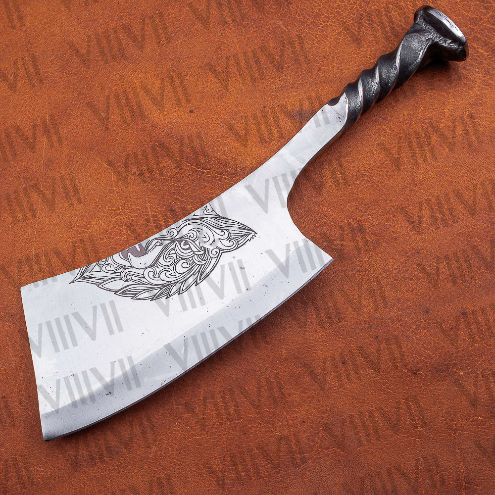 Hand Forged Wolf Engraved Cleaver | Railroad Spike Knife with Leather Sheath | Unique Handmade Gift for Him