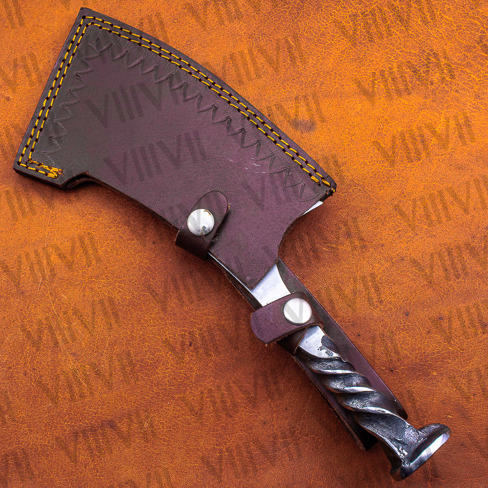 Hand Forged Wolf Engraved Cleaver | Railroad Spike Knife with Leather Sheath | Unique Handmade Gift for Him