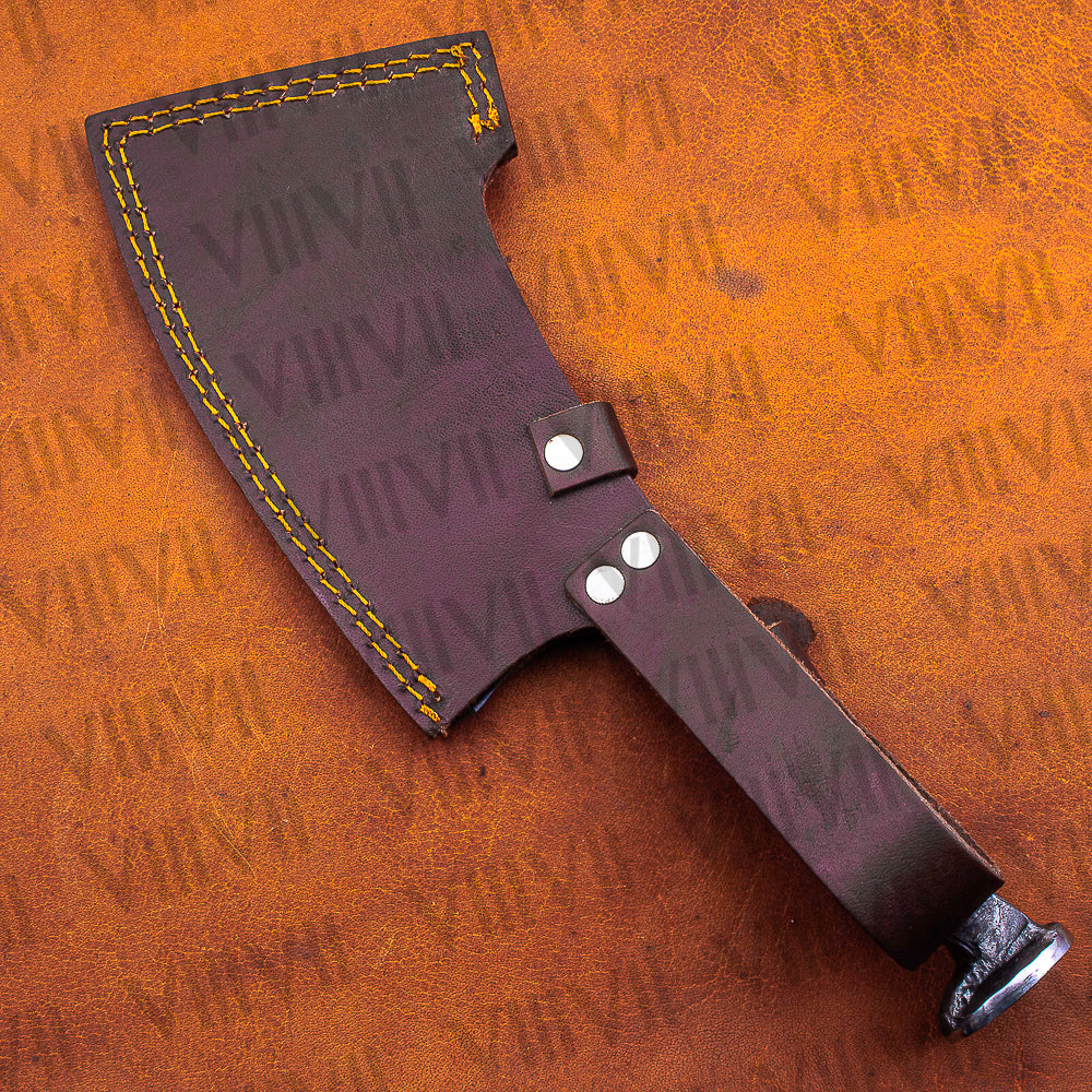 Hand Forged Wolf Engraved Cleaver | Railroad Spike Knife with Leather Sheath | Unique Handmade Gift for Him