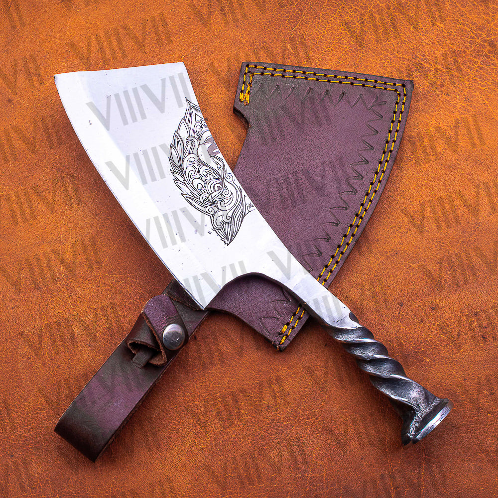 Hand Forged Wolf Engraved Cleaver | Railroad Spike Knife with Leather Sheath | Unique Handmade Gift for Him