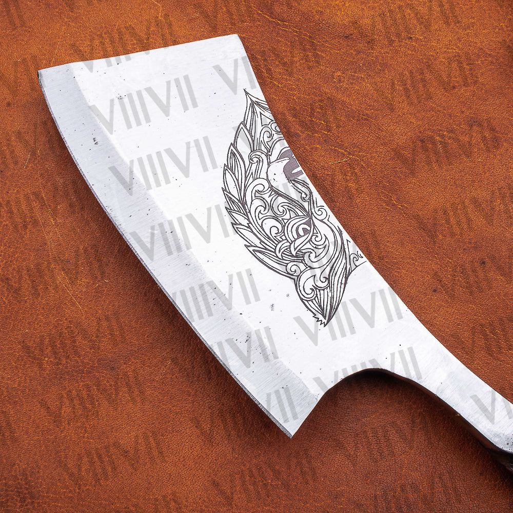 Hand Forged Wolf Engraved Cleaver | Railroad Spike Knife with Leather Sheath | Unique Handmade Gift for Him