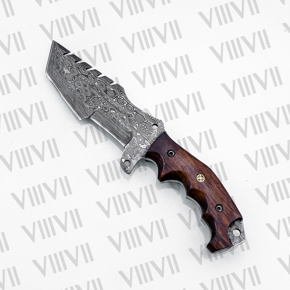 Handmade Damascus Steel Hunting Knife – Fixed Blade with Rosewood Handle, Scout Carry Sheath & Wooden Gift Box