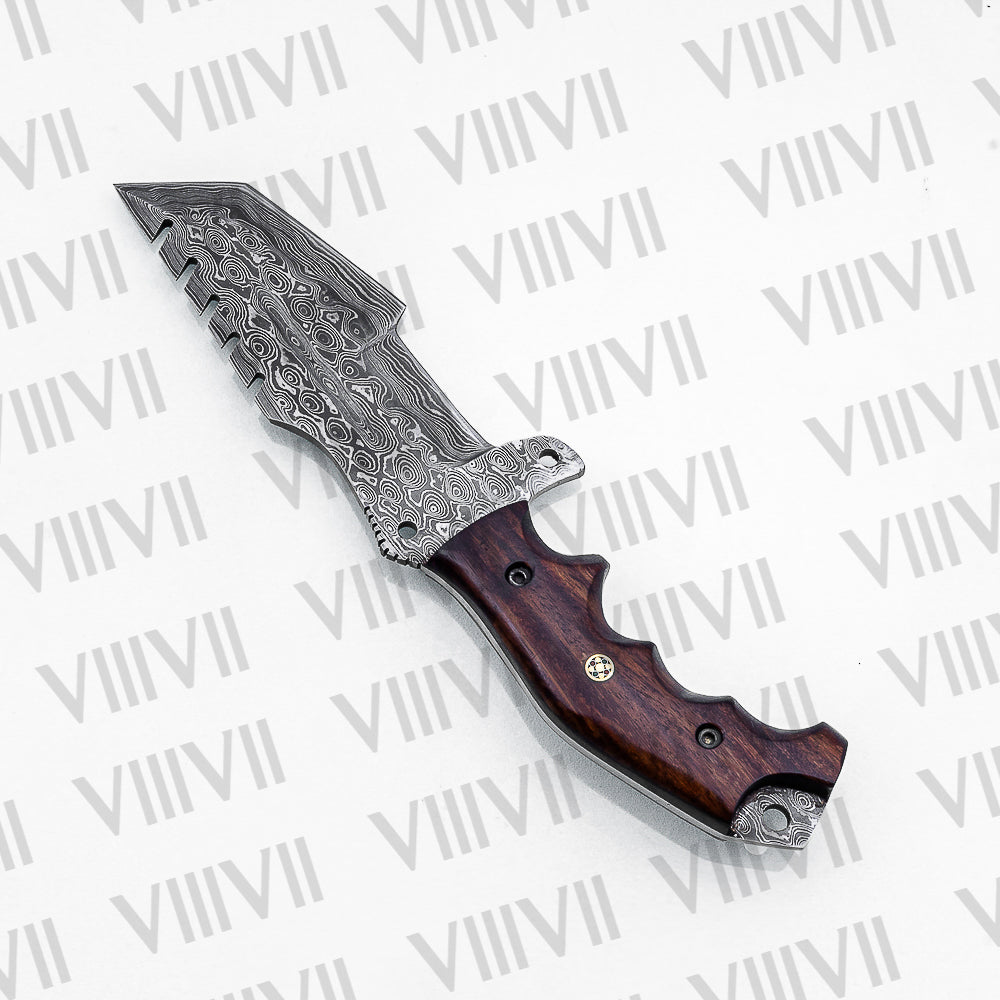 Handmade Damascus Steel Hunting Knife – Fixed Blade with Rosewood Handle, Scout Carry Sheath & Wooden Gift Box