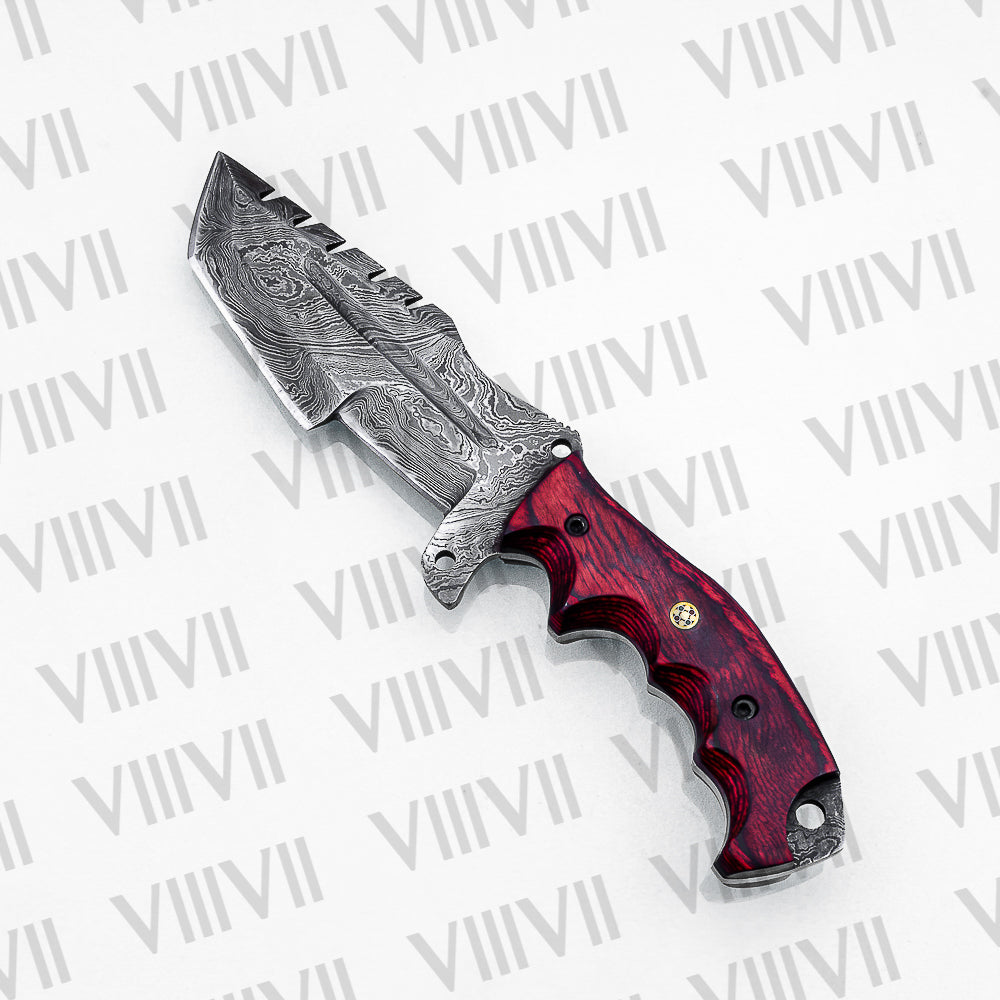 Handmade Damascus Steel Hunting Knife – Fixed Blade with Red Wood Handle, Scout Carry Sheath & Wooden Gift Box