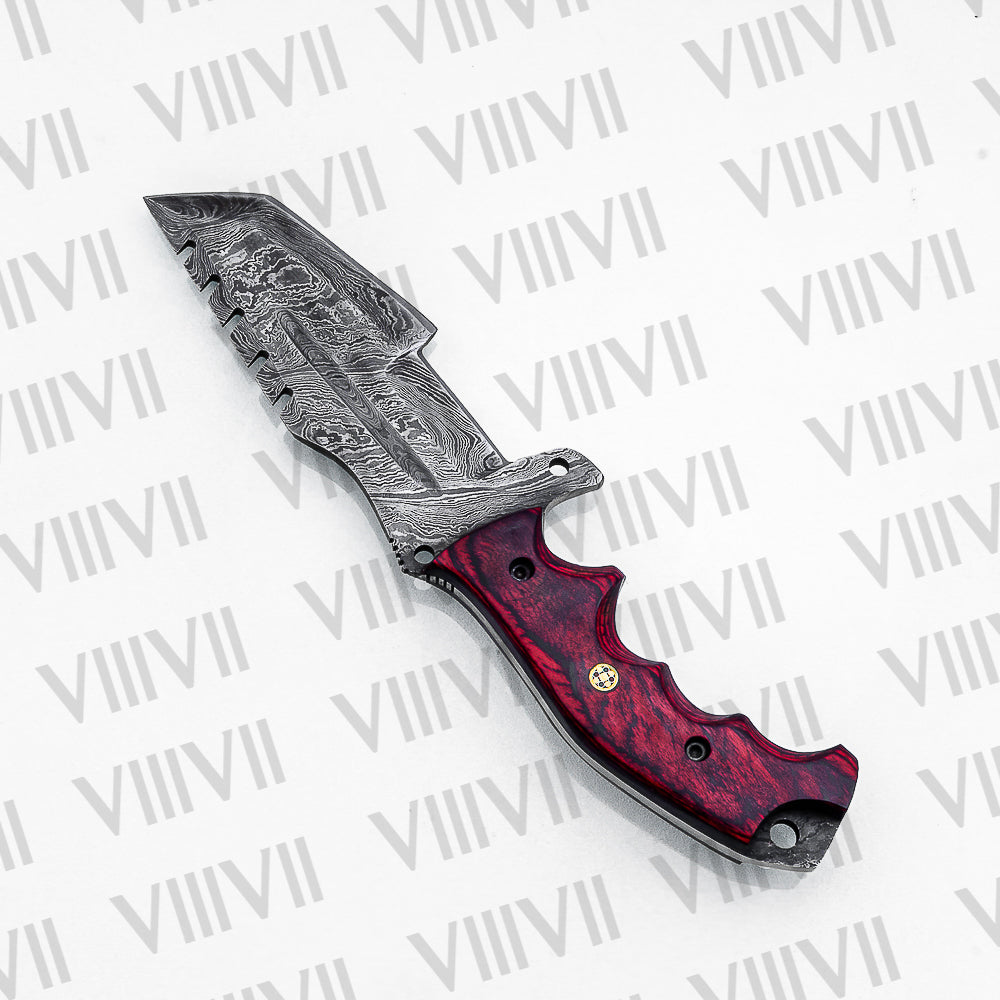 Handmade Damascus Steel Hunting Knife – Fixed Blade with Red Wood Handle, Scout Carry Sheath & Wooden Gift Box