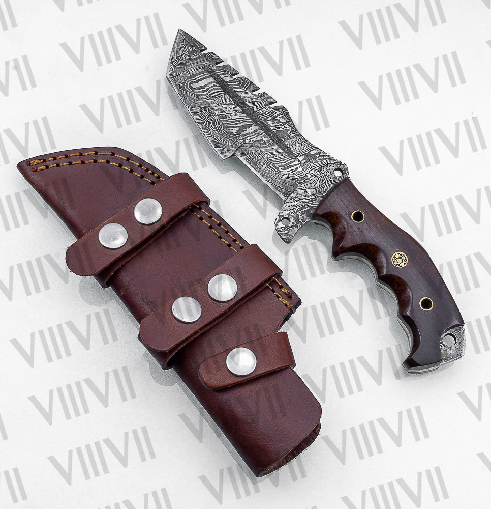 Handmade Damascus Steel Hunting Knife – Fixed Blade with Micarta Handle, Scout Carry Sheath & Optional Wooden Gift Box
