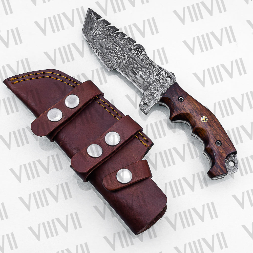 Handmade Damascus Steel Hunting Knife – Fixed Blade with Rosewood Handle, Scout Carry Sheath & Wooden Gift Box