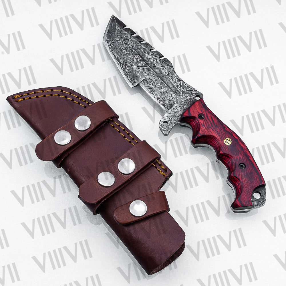 Handmade Damascus Steel Hunting Knife – Fixed Blade with Red Wood Handle, Scout Carry Sheath & Wooden Gift Box