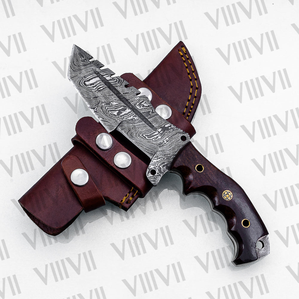 Handmade Damascus Steel Hunting Knife – Fixed Blade with Micarta Handle, Scout Carry Sheath & Optional Wooden Gift Box