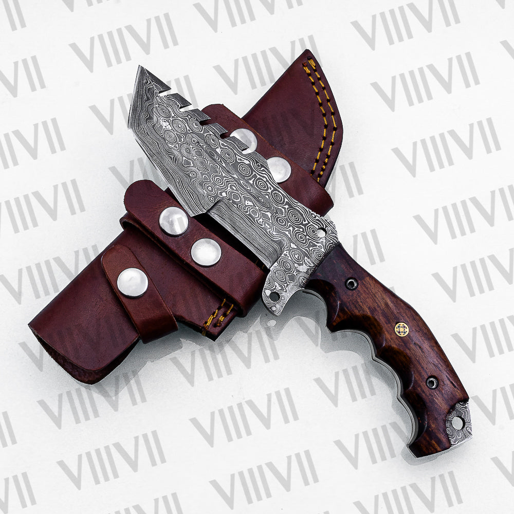 Handmade Damascus Steel Hunting Knife – Fixed Blade with Rosewood Handle, Scout Carry Sheath & Wooden Gift Box