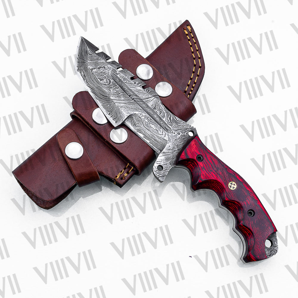 Handmade Damascus Steel Hunting Knife – Fixed Blade with Red Wood Handle, Scout Carry Sheath & Wooden Gift Box