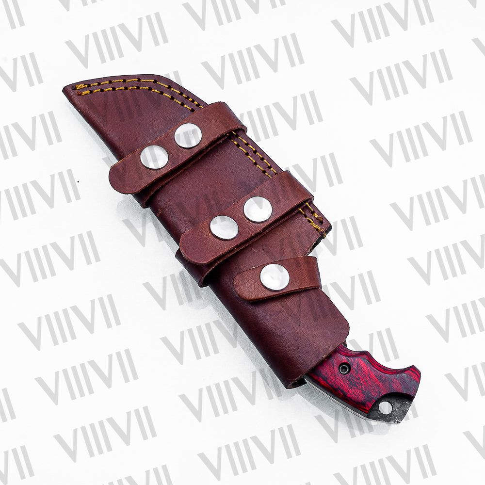 Handmade Damascus Steel Hunting Knife – Fixed Blade with Red Wood Handle, Scout Carry Sheath & Wooden Gift Box