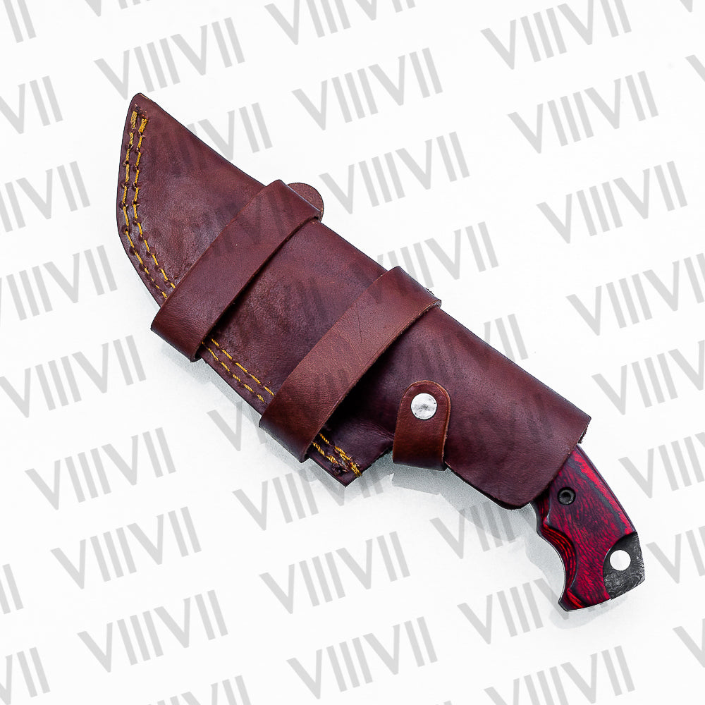Handmade Damascus Steel Hunting Knife – Fixed Blade with Red Wood Handle, Scout Carry Sheath & Wooden Gift Box