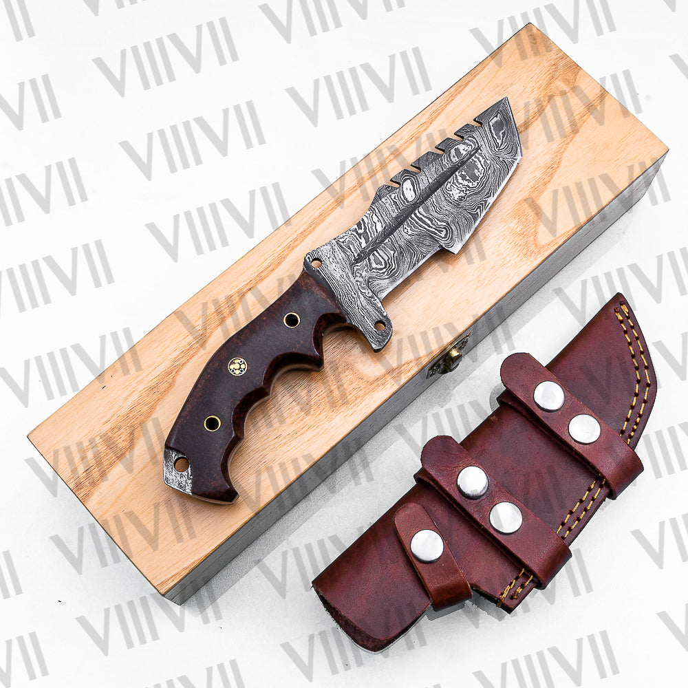 Handmade Damascus Steel Hunting Knife – Fixed Blade with Micarta Handle, Scout Carry Sheath & Optional Wooden Gift Box