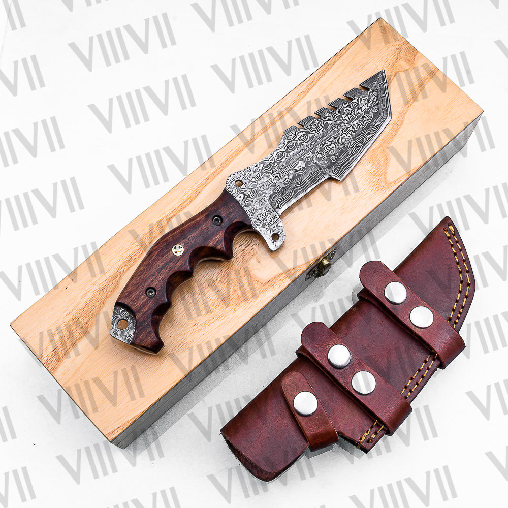 Handmade Damascus Steel Hunting Knife – Fixed Blade with Rosewood Handle, Scout Carry Sheath & Wooden Gift Box