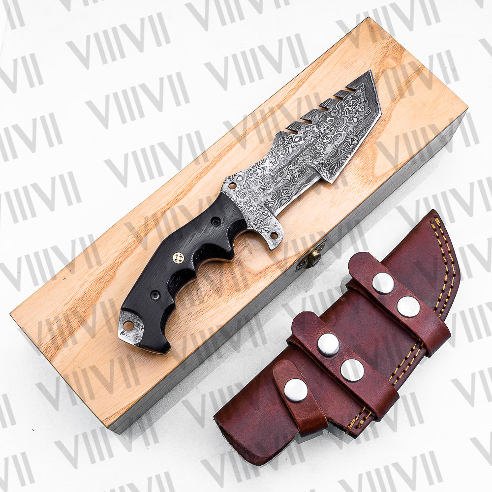 Handmade Damascus Steel Hunting Knife – Fixed Blade with Wangi Wood Handle, Scout Carry Sheath & Wooden Gift Box