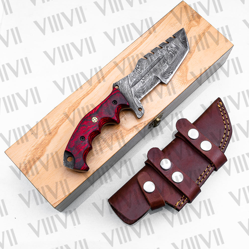 Handmade Damascus Steel Hunting Knife – Fixed Blade with Red Wood Handle, Scout Carry Sheath & Wooden Gift Box