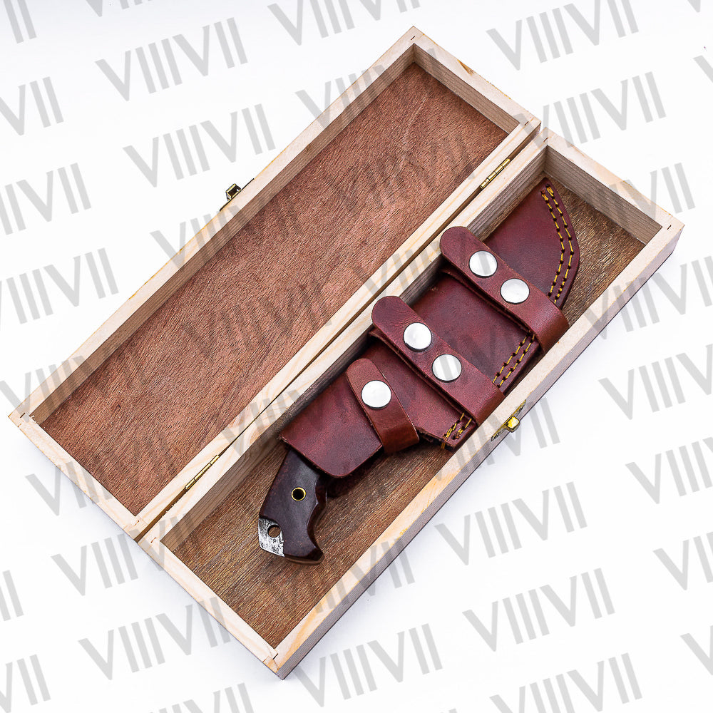 Handmade Damascus Steel Hunting Knife – Fixed Blade with Micarta Handle, Scout Carry Sheath & Optional Wooden Gift Box