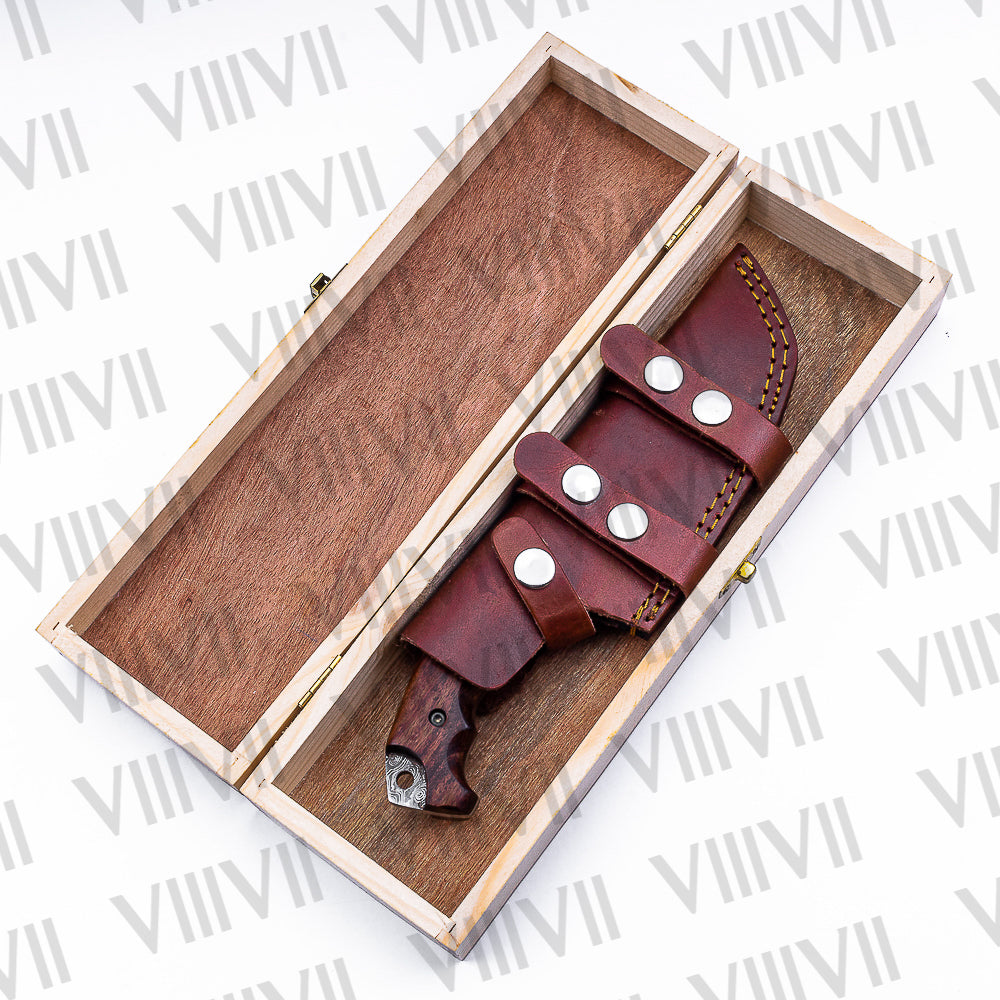Handmade Damascus Steel Hunting Knife – Fixed Blade with Rosewood Handle, Scout Carry Sheath & Wooden Gift Box