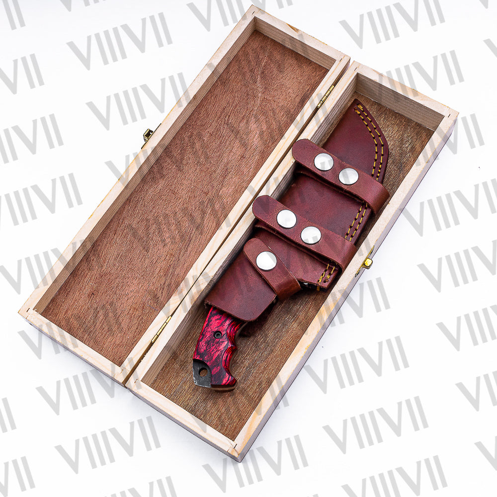 Handmade Damascus Steel Hunting Knife – Fixed Blade with Red Wood Handle, Scout Carry Sheath & Wooden Gift Box