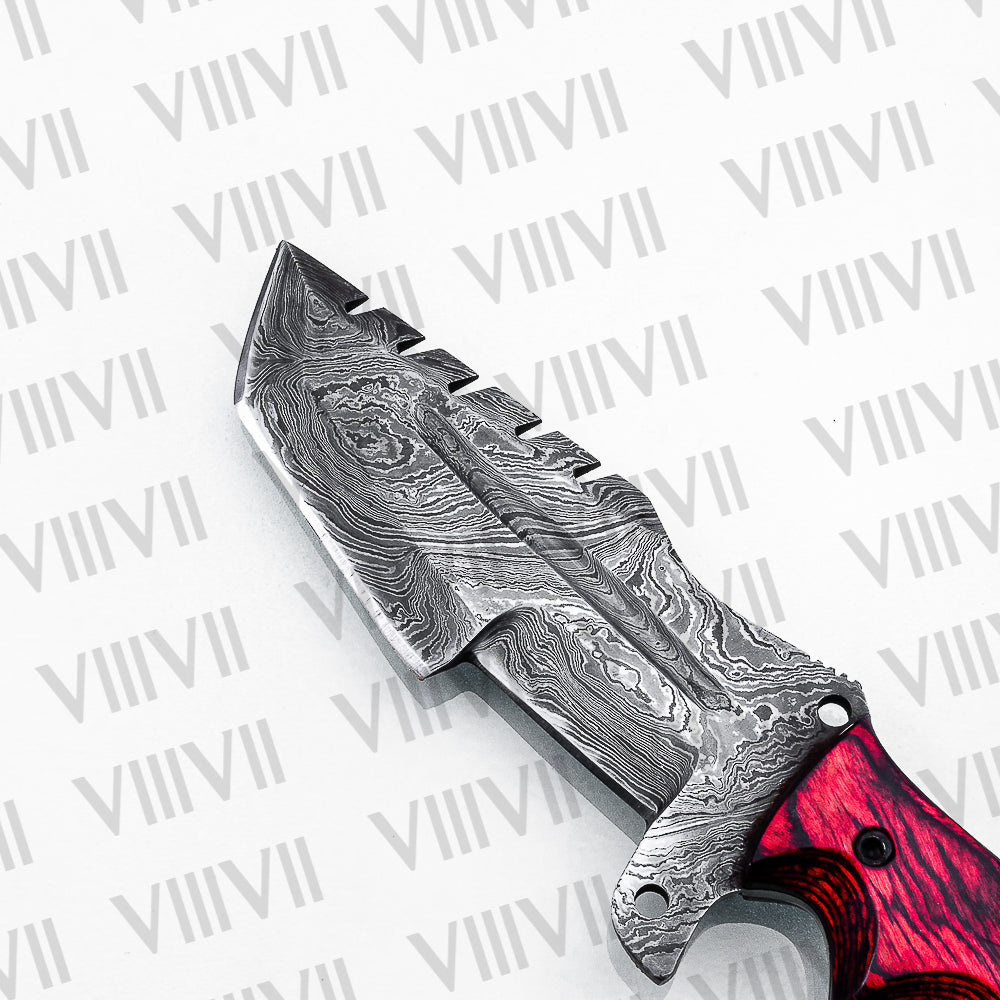 Handmade Damascus Steel Hunting Knife – Fixed Blade with Red Wood Handle, Scout Carry Sheath & Wooden Gift Box