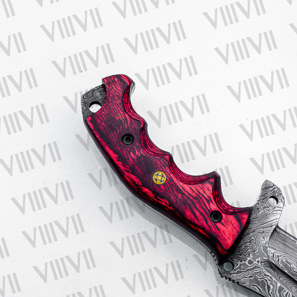 Handmade Damascus Steel Hunting Knife – Fixed Blade with Red Wood Handle, Scout Carry Sheath & Wooden Gift Box