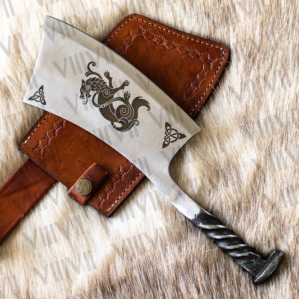 Hand Forged Freki & Geri Engraved Cleaver | Railroad Spike Knife with Leather Sheath | Unique Viking Gift for Him