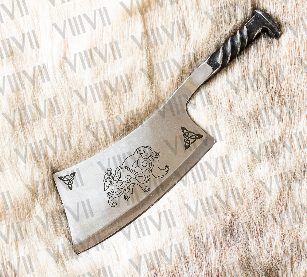 Hand Forged Freki & Geri Engraved Cleaver | Railroad Spike Knife with Leather Sheath | Unique Viking Gift for Him