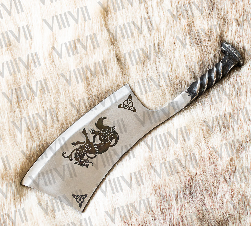 Hand Forged Freki & Geri Engraved Cleaver | Railroad Spike Knife with Leather Sheath | Unique Viking Gift for Him