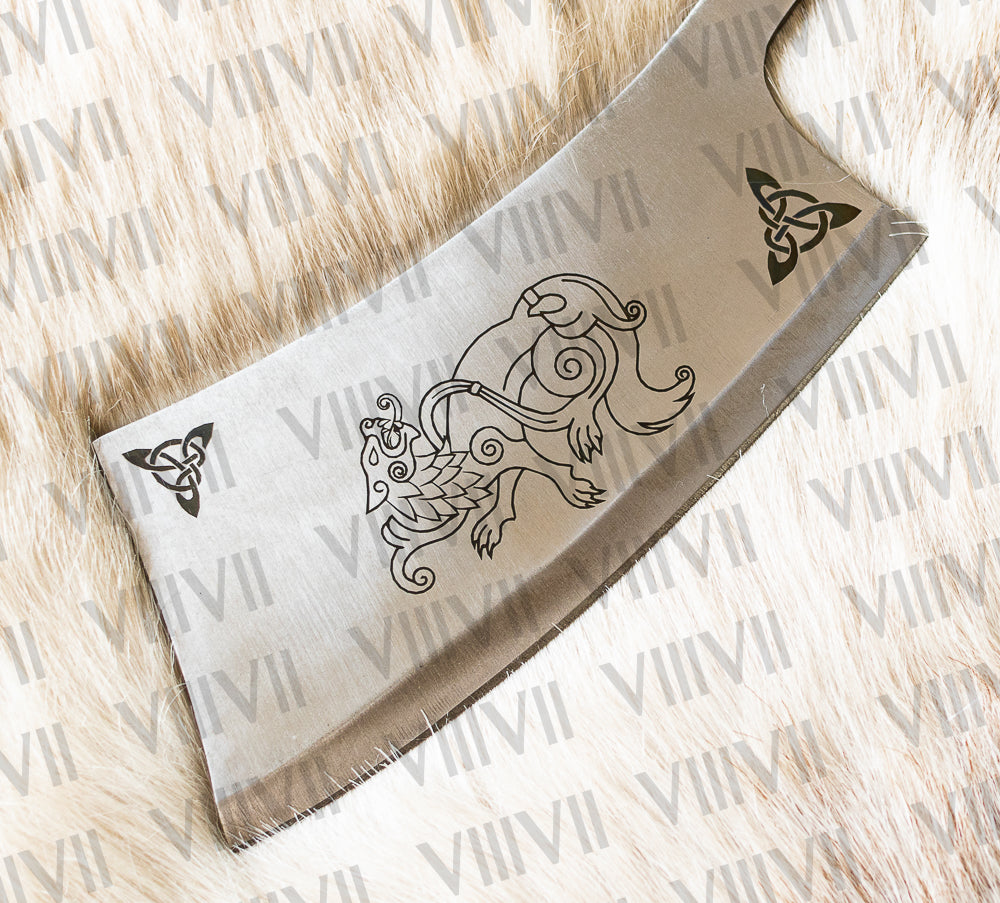 Hand Forged Freki & Geri Engraved Cleaver | Railroad Spike Knife with Leather Sheath | Unique Viking Gift for Him
