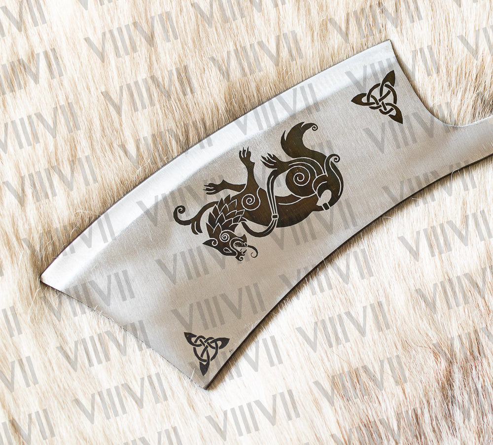 Hand Forged Freki & Geri Engraved Cleaver | Railroad Spike Knife with Leather Sheath | Unique Viking Gift for Him