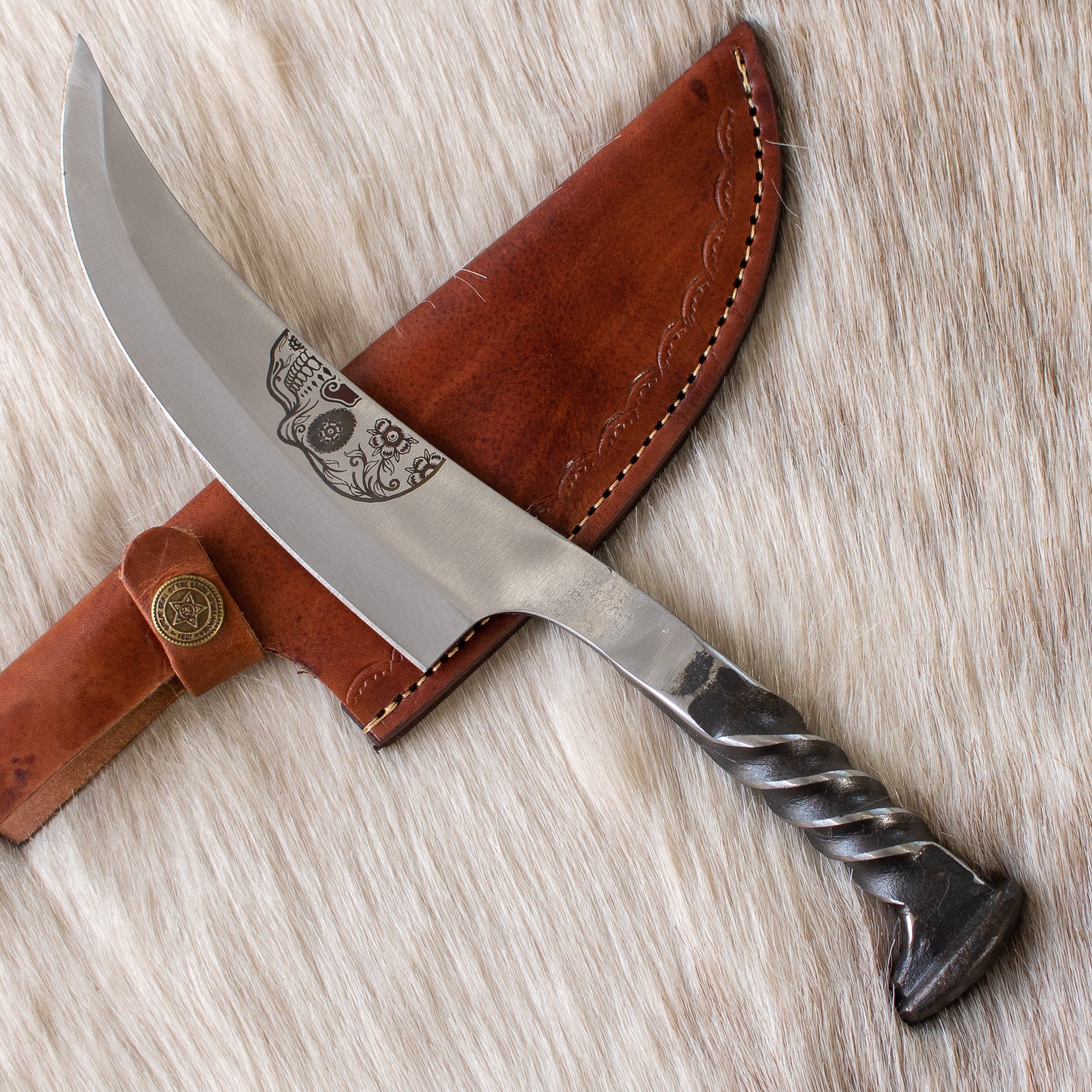 Hand Forged Railroad Spike Knife – Roses & Skull Engraving with Leather Sheath
