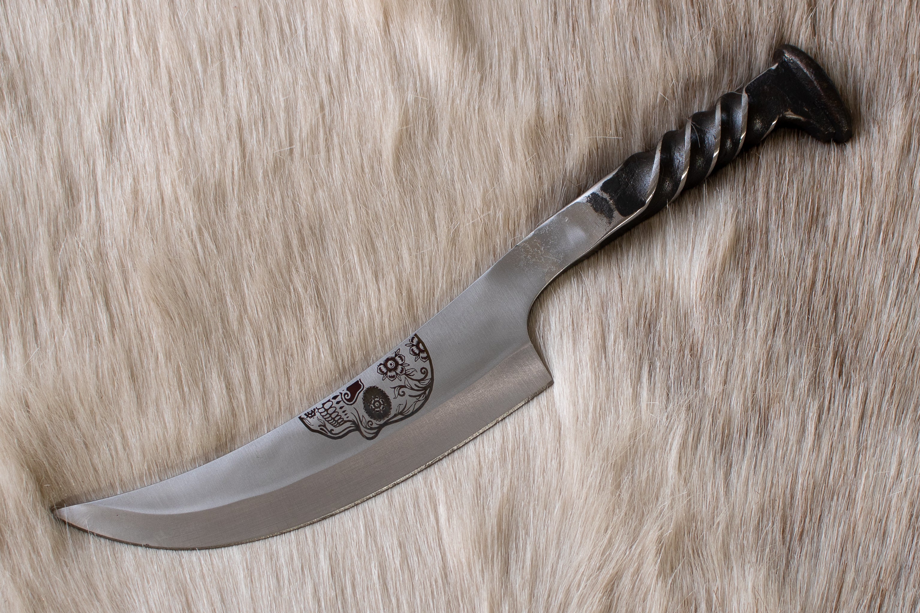 Hand Forged Spike Knife | Railroad Steel | Twisted Handle with Roses & Skull Engraving | Leather Sheath