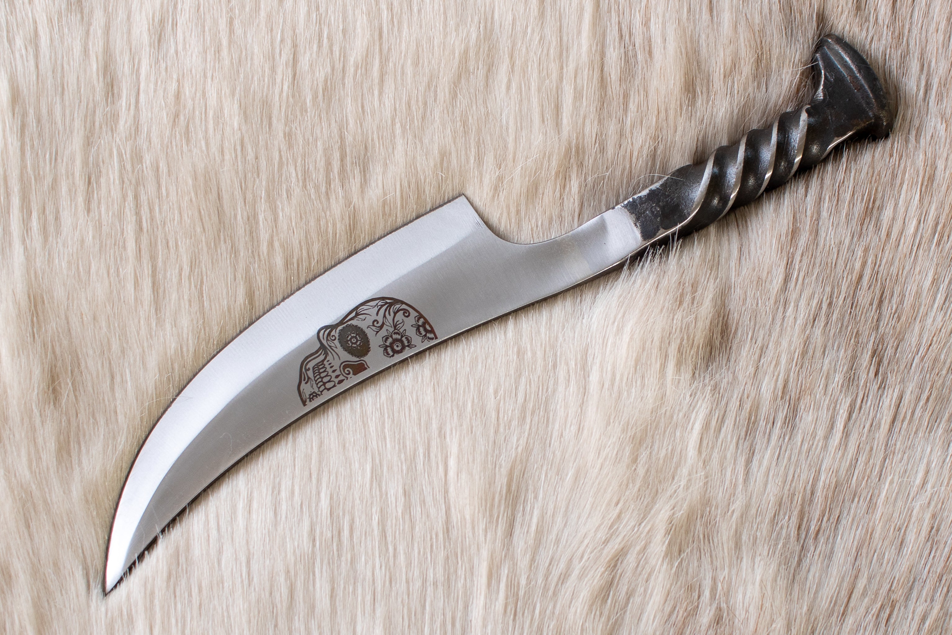 Hand Forged Spike Knife | Railroad Steel | Twisted Handle with Roses & Skull Engraving | Leather Sheath