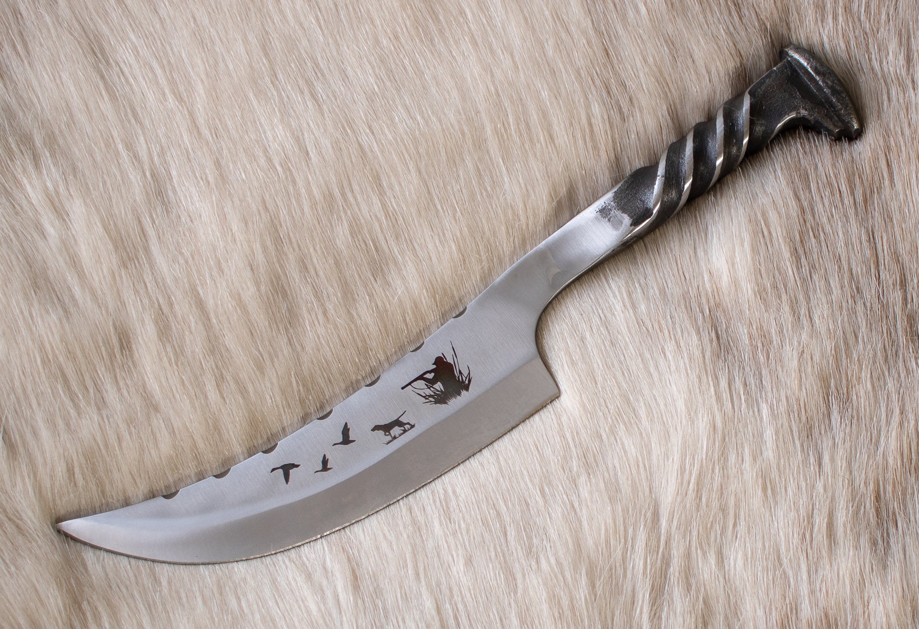 Hand Forged Spike Knife | Railroad Steel | Twisted Handle with Hunting Dog Engraving | Leather Sheath