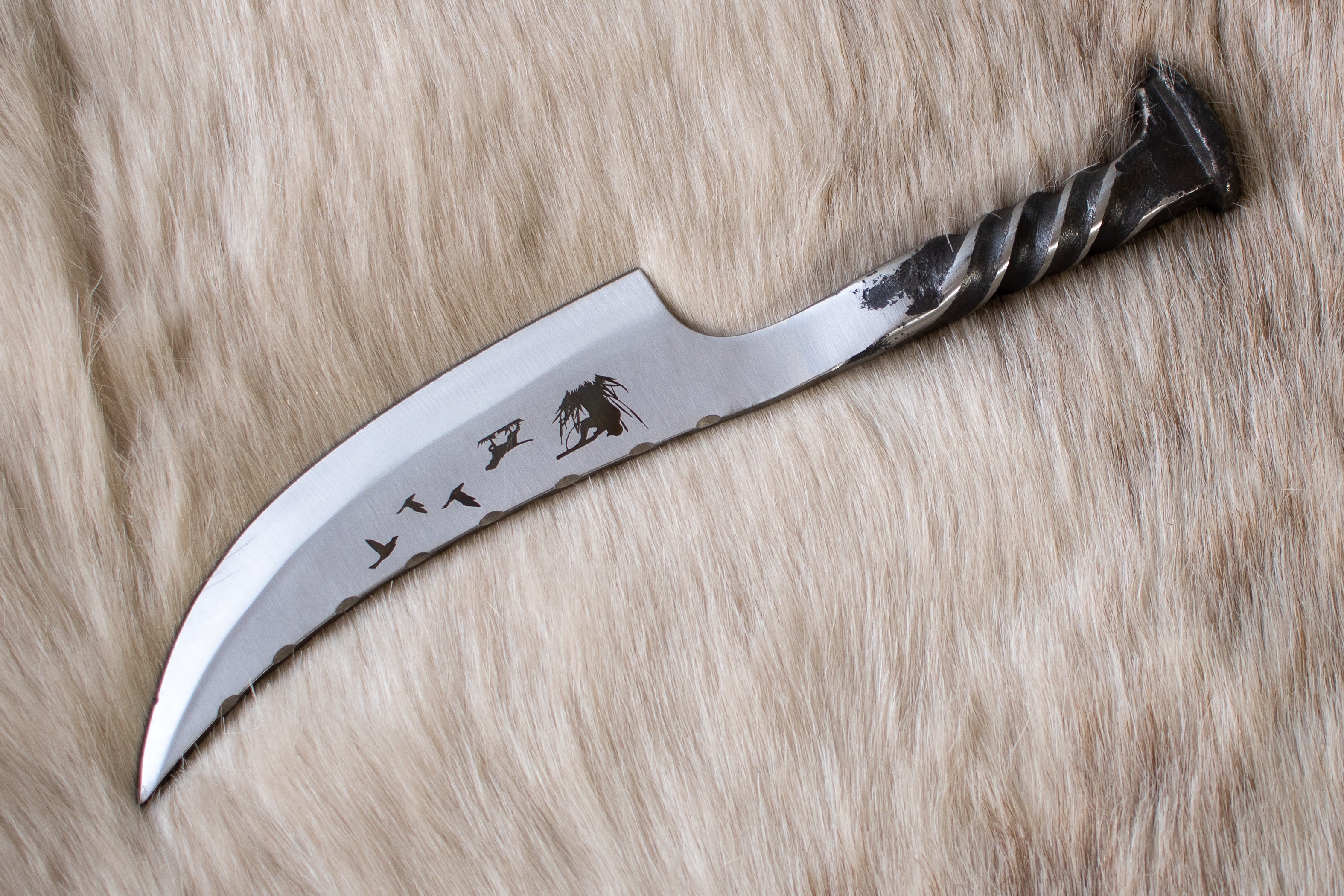 Hand Forged Spike Knife | Railroad Steel | Twisted Handle with Hunting Dog Engraving | Leather Sheath