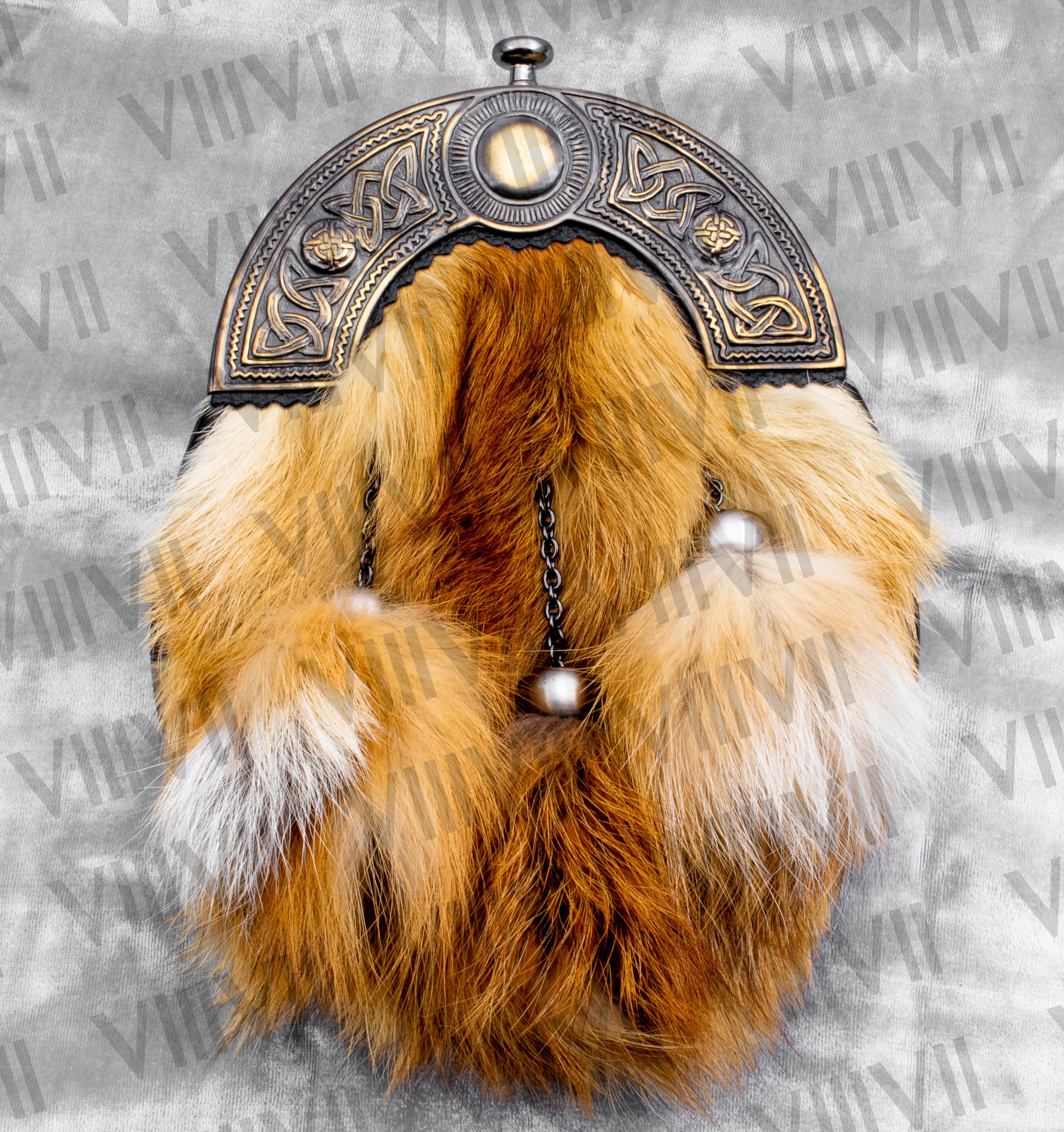 Men's Scottish Sporran with Rustic Cantle Red Fox Fur Pig Grain Leather Handmade Kilt Accessory for Weddings & Highland Wear