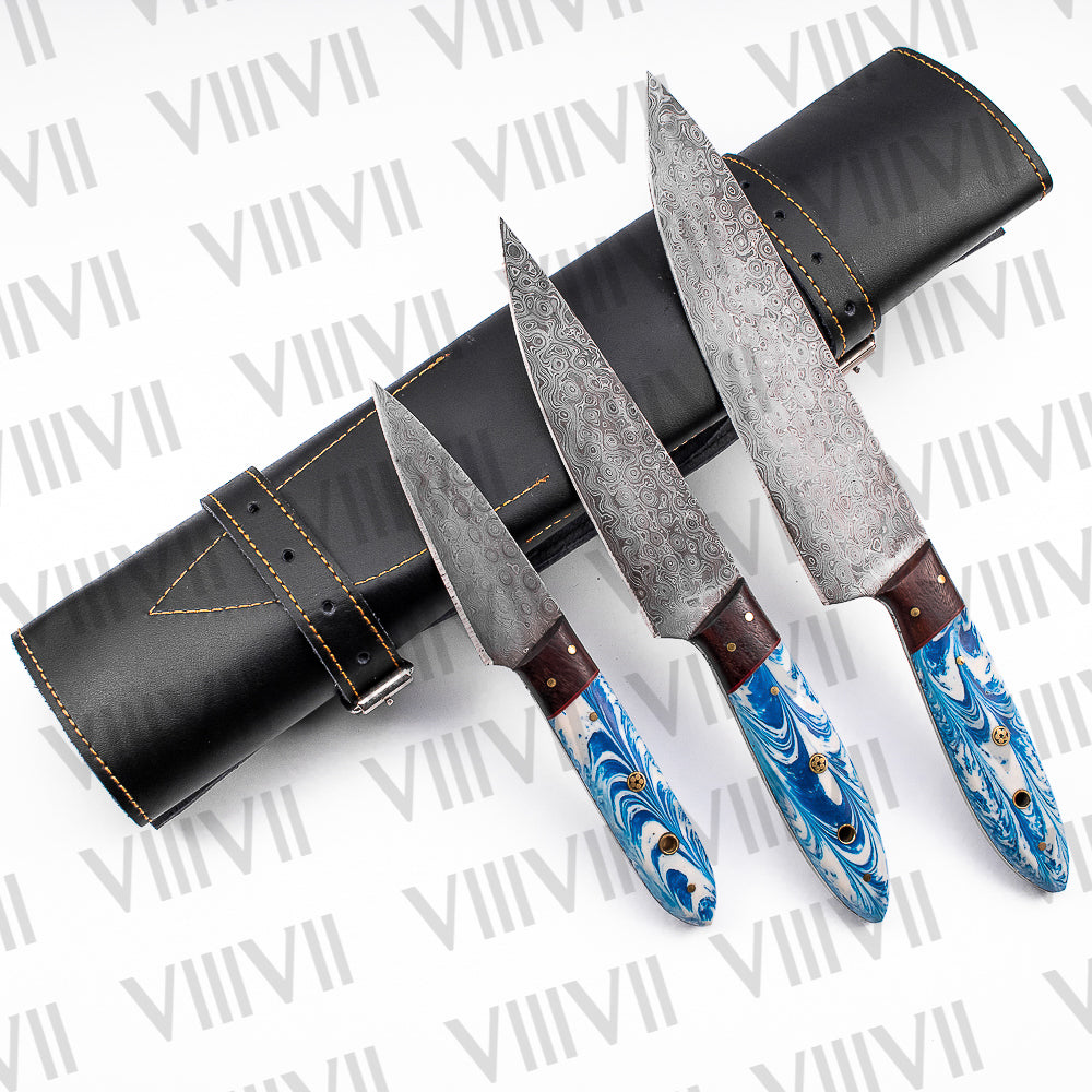 Damascus Steel Chef Knife Set with Wavy Blue Handle & Genuine Leather Roll – Handcrafted for Precision and Style