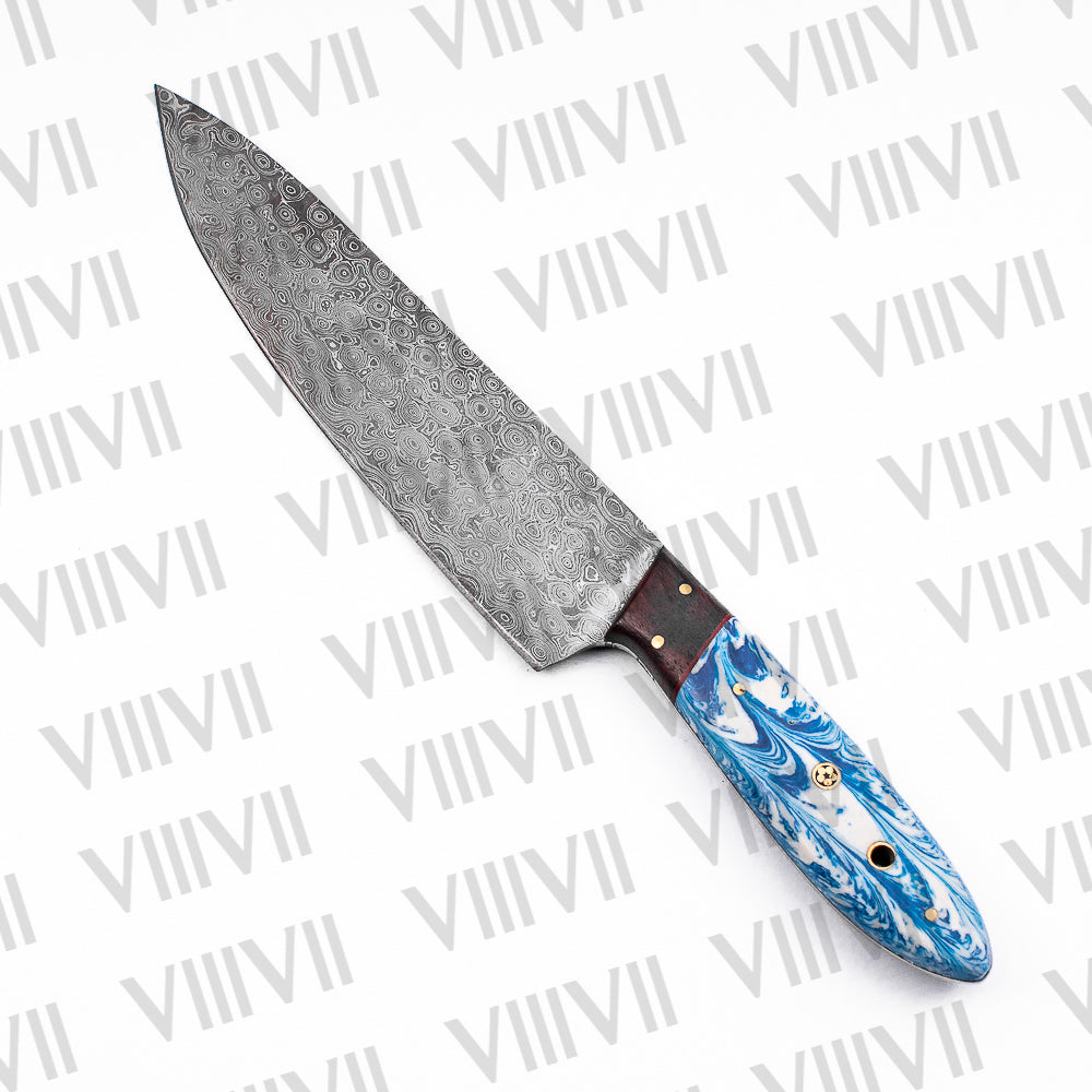 Damascus Steel Chef Knife Set with Wavy Blue Handle & Genuine Leather Roll – Handcrafted for Precision and Style