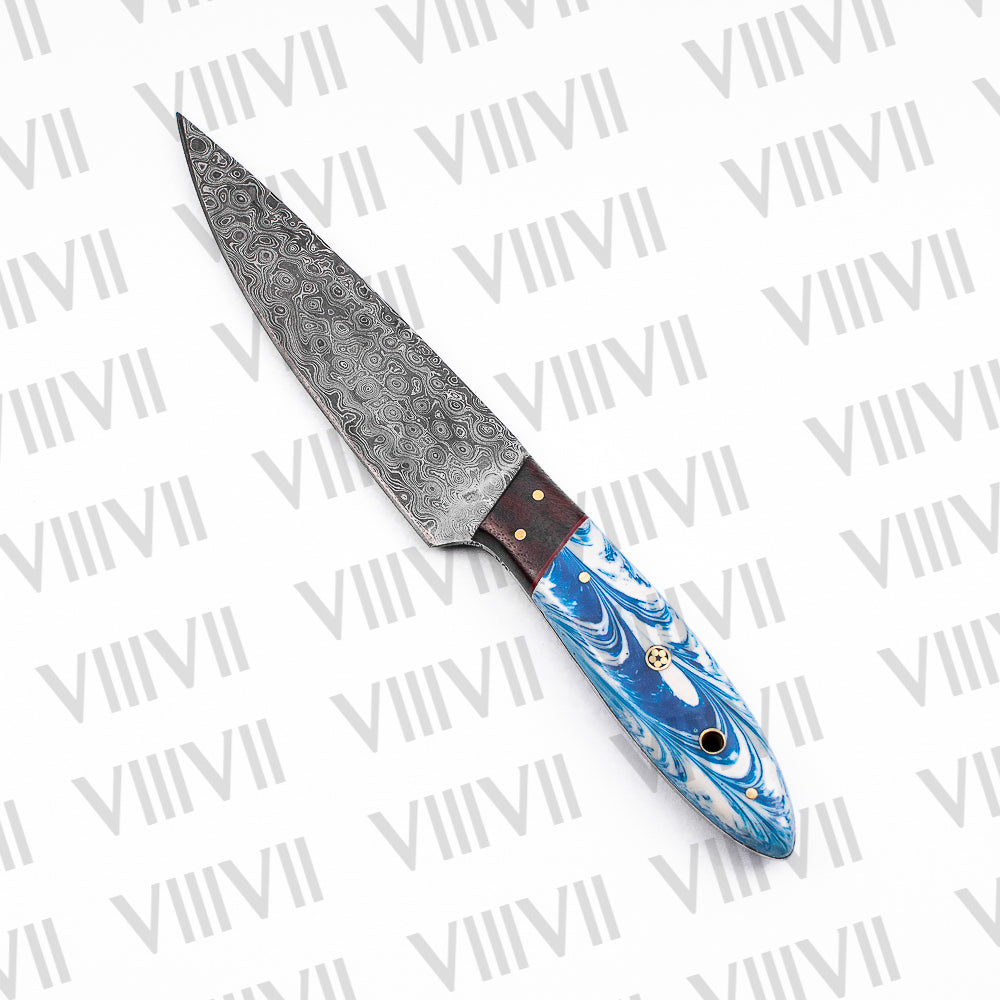 Damascus Steel Chef Knife Set with Wavy Blue Handle & Genuine Leather Roll – Handcrafted for Precision and Style