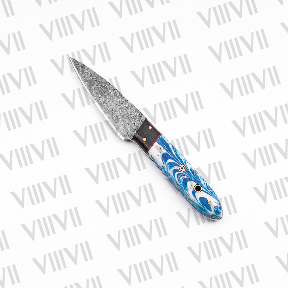 Damascus Steel Chef Knife Set with Wavy Blue Handle & Genuine Leather Roll – Handcrafted for Precision and Style