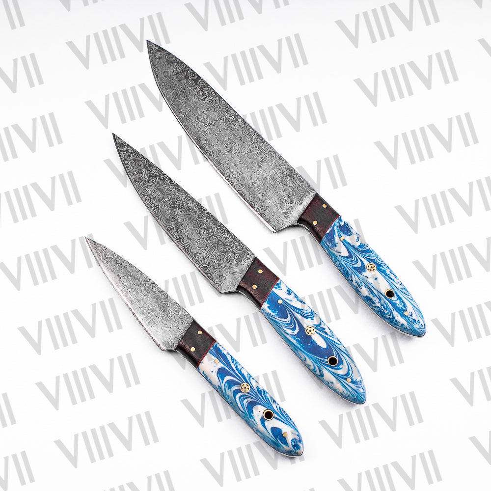 Damascus Steel Chef Knife Set with Wavy Blue Handle & Genuine Leather Roll – Handcrafted for Precision and Style