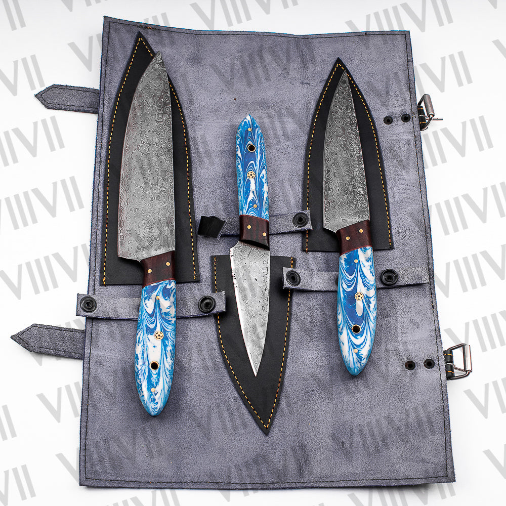 Damascus Steel Chef Knife Set with Wavy Blue Handle & Genuine Leather Roll – Handcrafted for Precision and Style