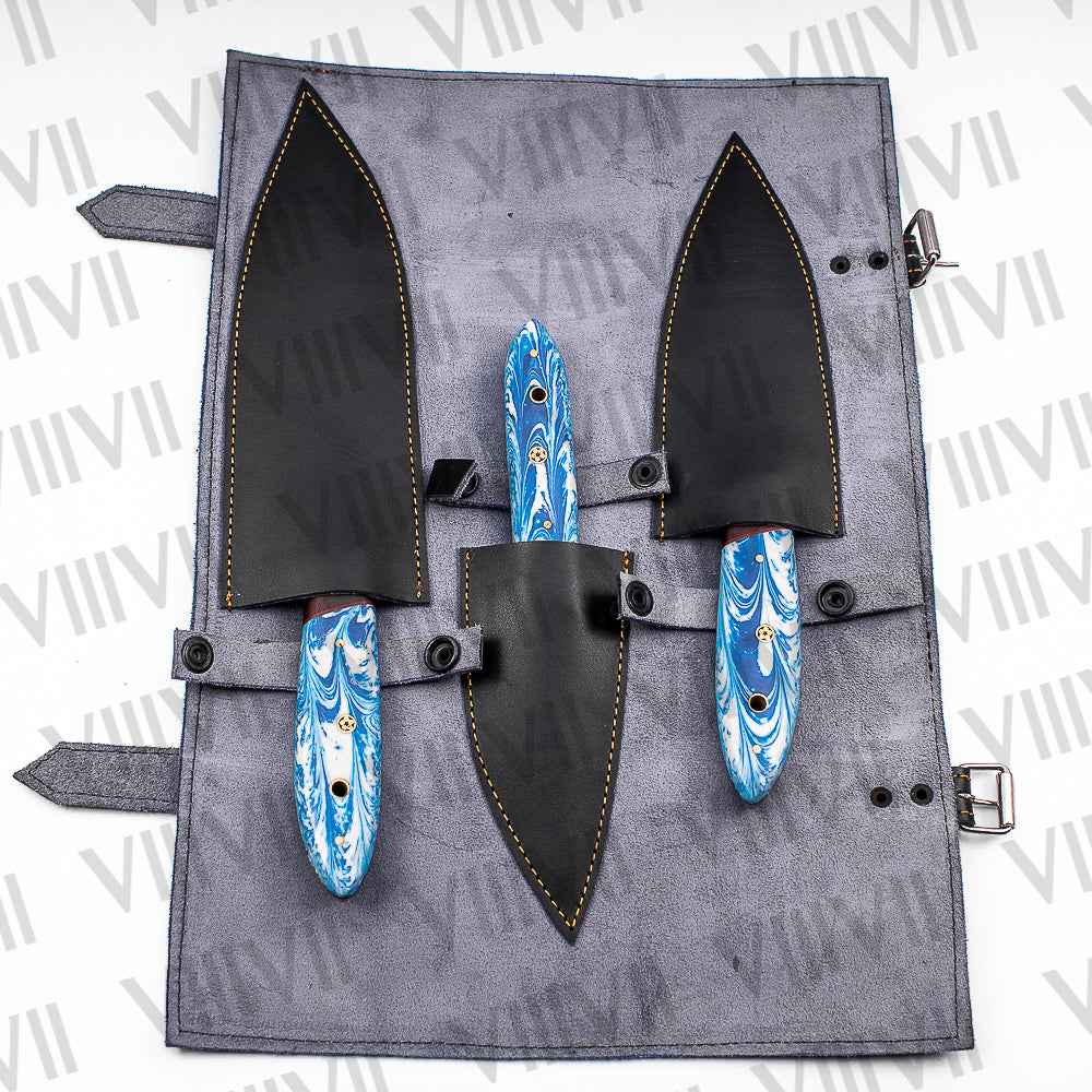 Damascus Steel Chef Knife Set with Wavy Blue Handle & Genuine Leather Roll – Handcrafted for Precision and Style