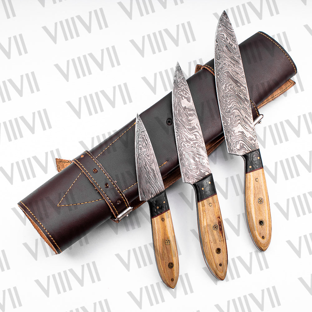 Damascus Steel Chef Knife Set with Ash Wood Handle – Handcrafted Precision and Style