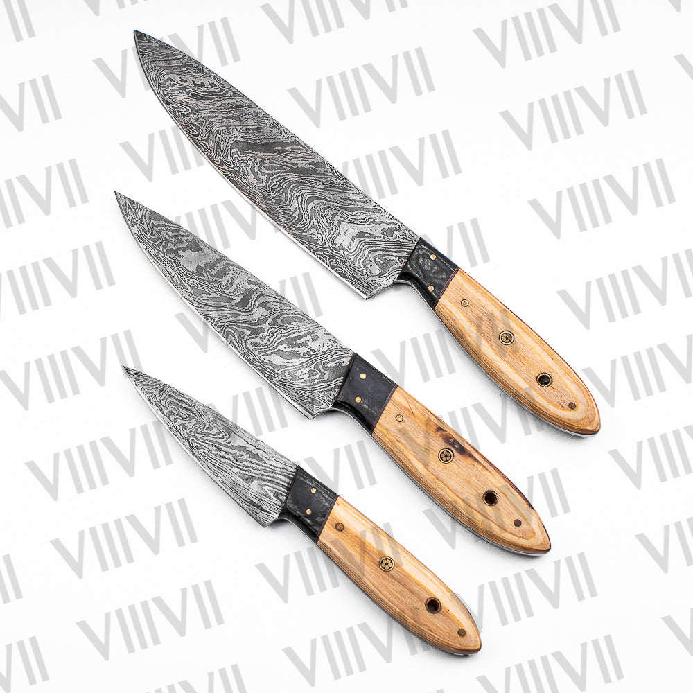 Damascus Steel Chef Knife Set with Ash Wood Handle – Handcrafted Precision and Style